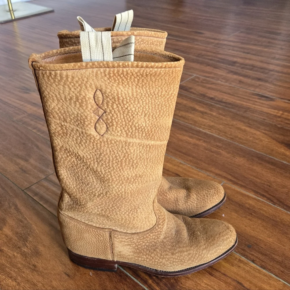 Pebbled Tan Brown Leather Roughout Suede Pull-On Western Grunge Cowboy Men Boots